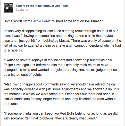 Pérez's statements on the crash. / Sahara Force India Formula One Team Facebook
