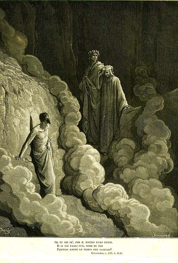 Dante and Virgil meet Marco Lombardo, envisioned by Gustave Doré.