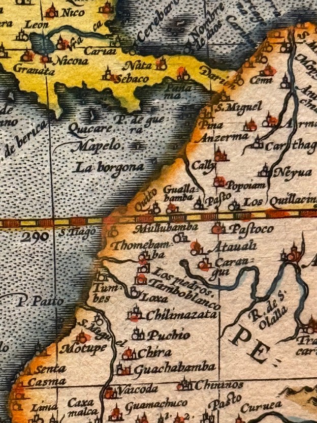 A frame from Abraham Ortellius's map of the Americas, 1587.