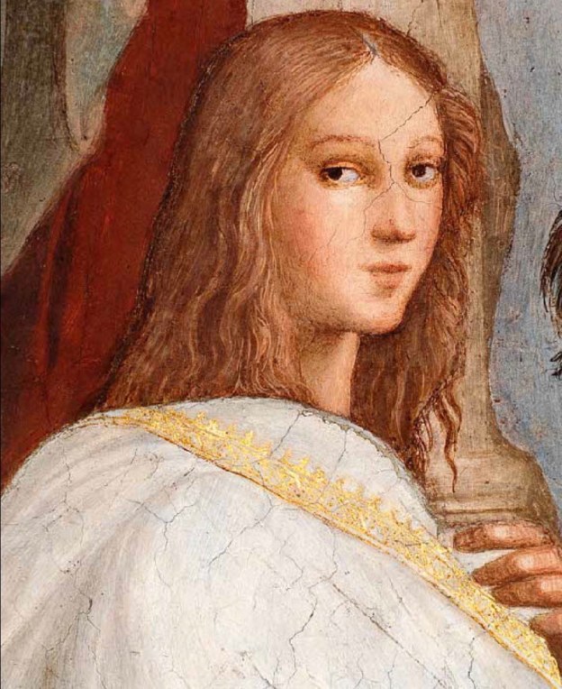 A figure from Raphael's "The School of Athens" variously identified as Francesco Maria della Rovere, Pico della Mirandola, or Hypatia of Alexandria.