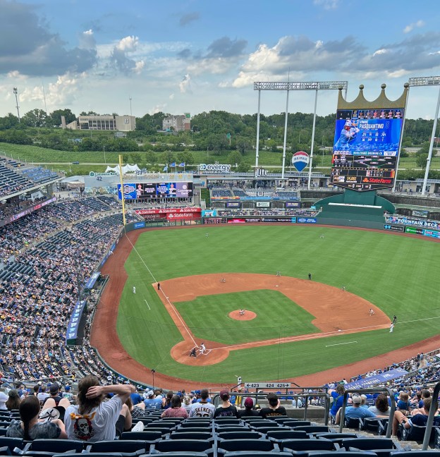 A photo from the upper deck at Kauffman Stadium looking down toward the baseball field during a Kansas City Royals game in July 2025.