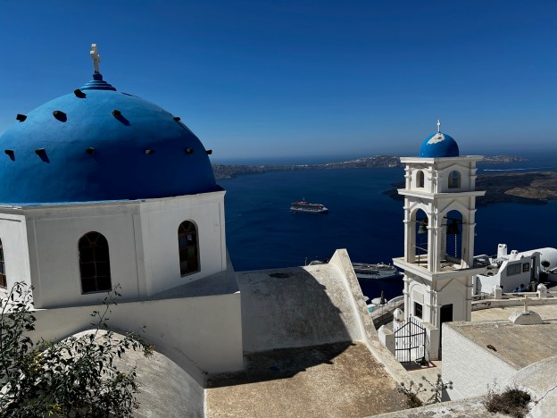 A view from behind a church on the Greek island of Santorini.